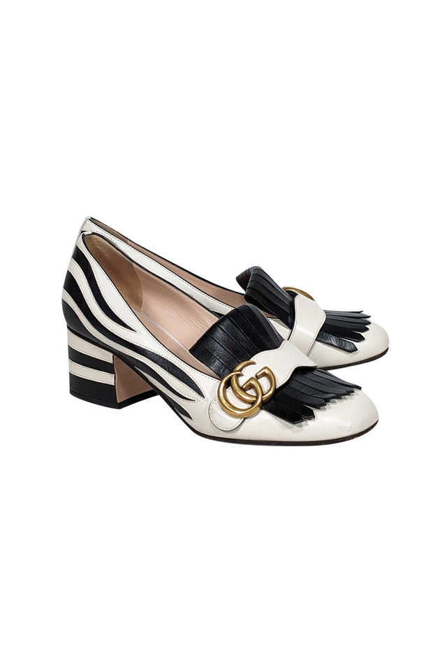 Current Boutique-Gucci - Ivory & Black Zebra Print Leather Marmont Loafer Heels Sz 7