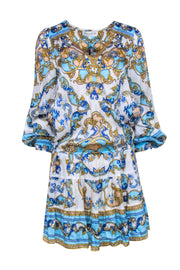 Current Boutique-Hale Bob - White w/ Blue & Gold Print Long Sleeve Drawstring Waist Dress Sz S