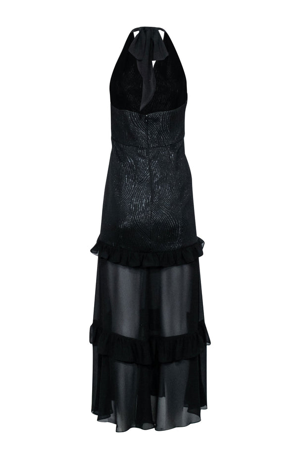 Current Boutique-Halston - Black Halter Formal Dress w/ Ruffle Trim Sz 4