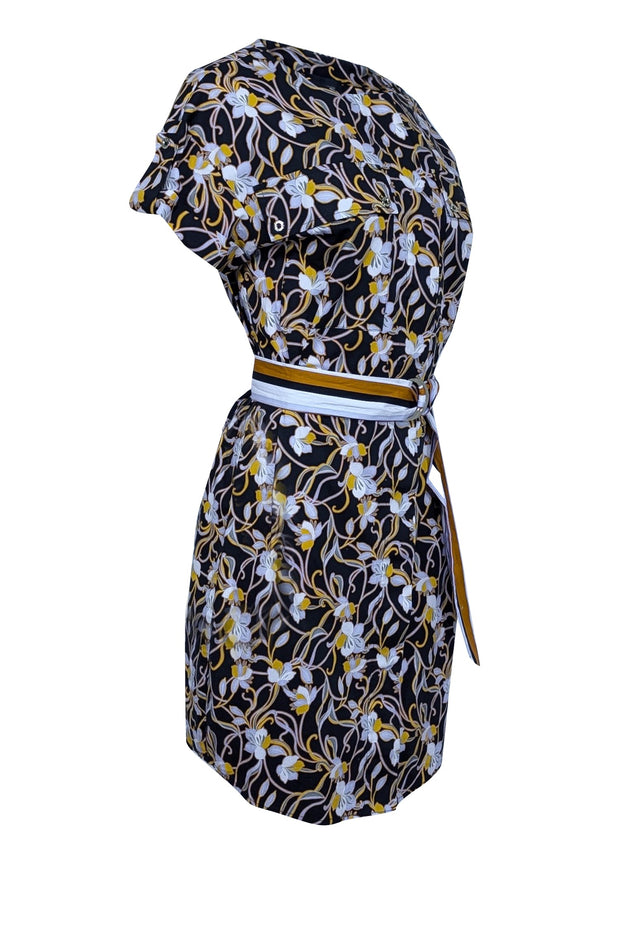 Current Boutique-Halston - Black, Lavender, & Yellow Floral Print Button Front Dress Sz S