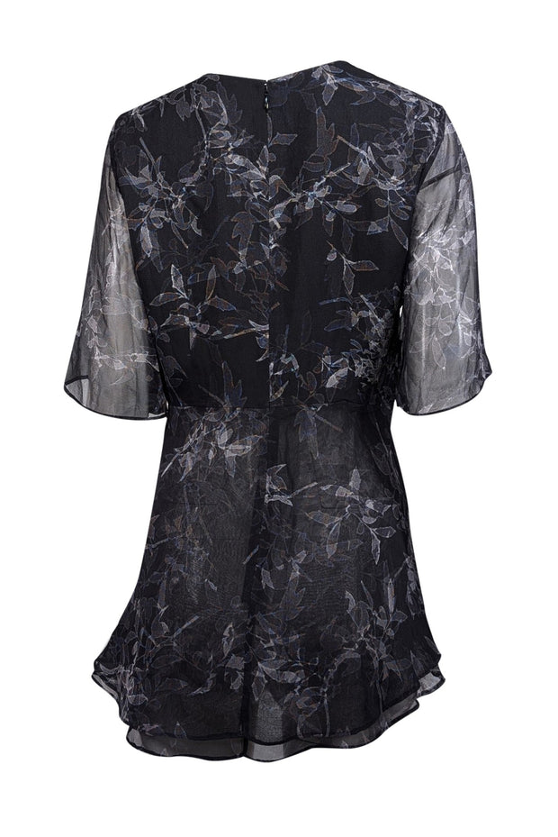 Current Boutique-Halston - Black w/ White Leaf Print Draped Silk Blouse Sz 10