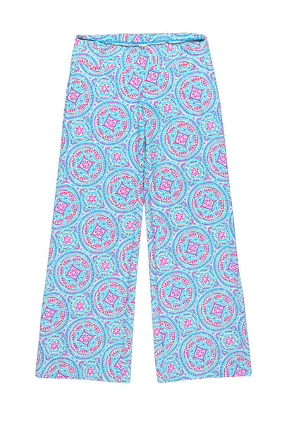 Current Boutique-Helen Jon - Aquamarine Blue & Hot Pink Paisley Print Beach Pants Sz S