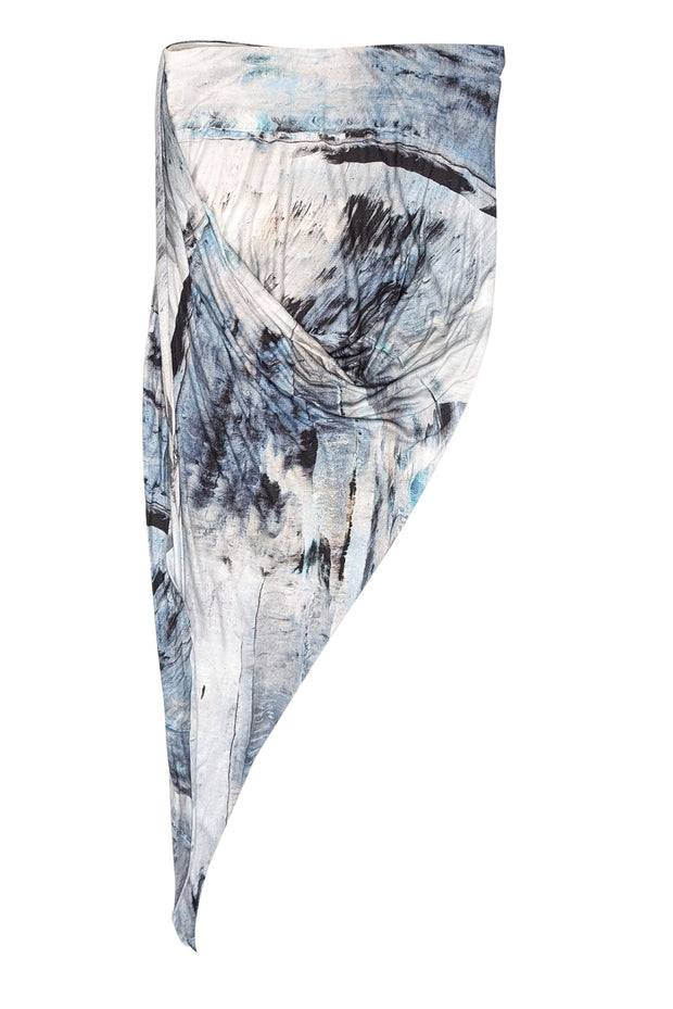 Current Boutique-Helmut Lang - Blue & Grey Tie-Dye Print Asymmetrical Ruched Skirt Sz M