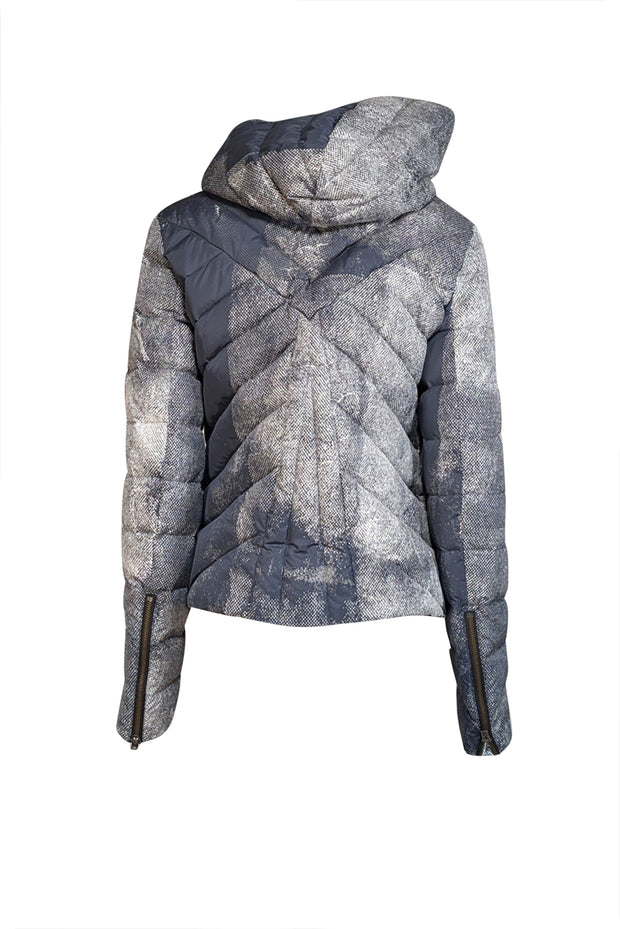 Current Boutique-Helmut Lang - Grey & White Print Hooded Puffer Coat Sz L