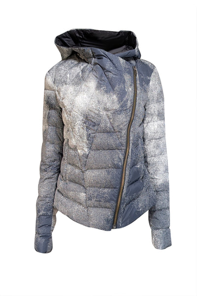 Current Boutique-Helmut Lang - Grey & White Print Hooded Puffer Coat Sz L