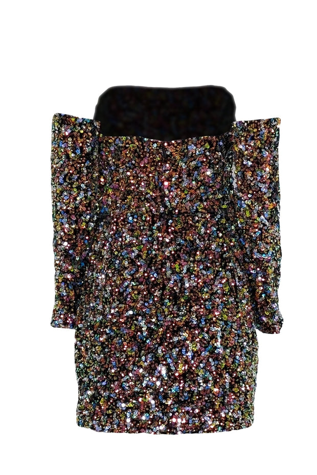 Current Boutique-Helsi - Black & Multi Color "Lindsay" Off-Shoulder Sequin Velvet Mini Dress Sz L