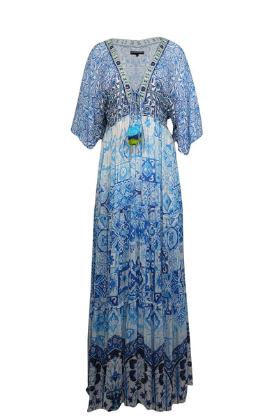 Current Boutique-Hemant & Nandita - Blue & White Paisley Print Shirred Maxi Dress Sz M