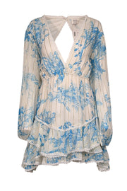 Current Boutique-Hemant & Nandita - Ivory & Blue Floral Print Chiffon Dress w/ Metallic Stripes Sz L