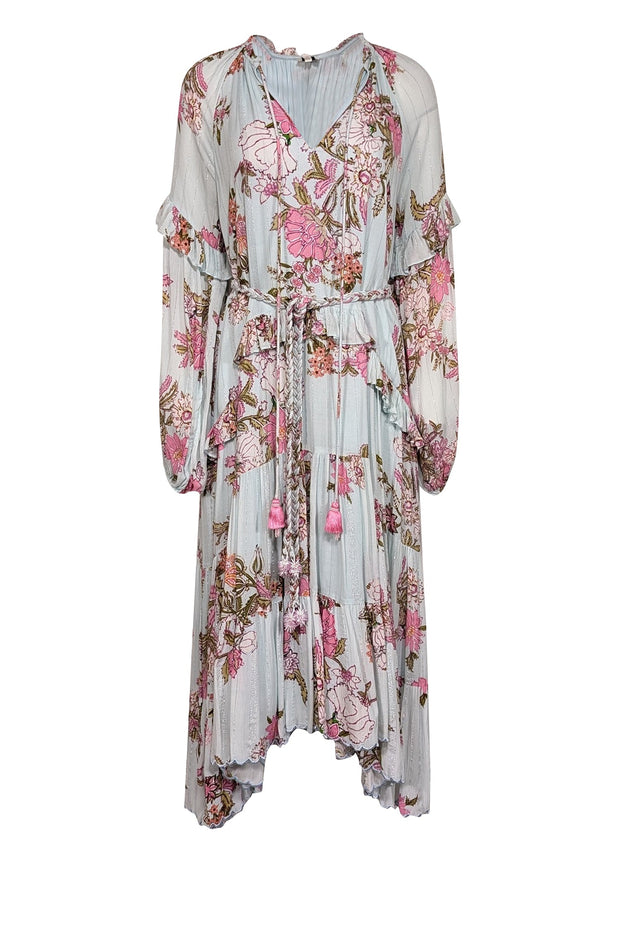 Current Boutique-Hemant & Nandita - Light Blue & Pink Floral Print Ruffled Midi Dress Sz S