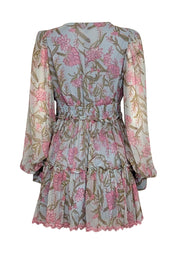 Current Boutique-Hemant & Nandita - Light Blue & Pink Floral Print Ruffled Mini Dress Sz M