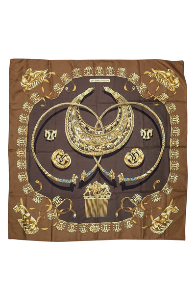 Current Boutique-Hermes - Brown & Gold Carre Les Cavaliers D'Or Silk Scarf