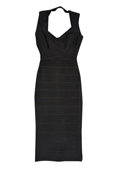 Current Boutique-Herve Leger - Black Sleeveless V-Neck Bandage Midi Dress Sz XS