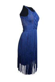 Current Boutique-Herve Leger - Blue Chevron Knit Bodycon Dress w/ Fringe Trim Sz M