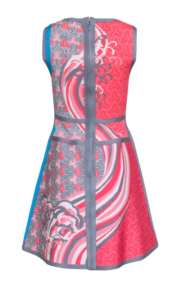 Current Boutique-Herve Leger - Coral Pink, Grey, & Blue "Eriko Tidal Wave" Jacquard Dress Sz M