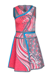 Current Boutique-Herve Leger - Coral Pink, Grey, & Blue "Eriko Tidal Wave" Jacquard Dress Sz M