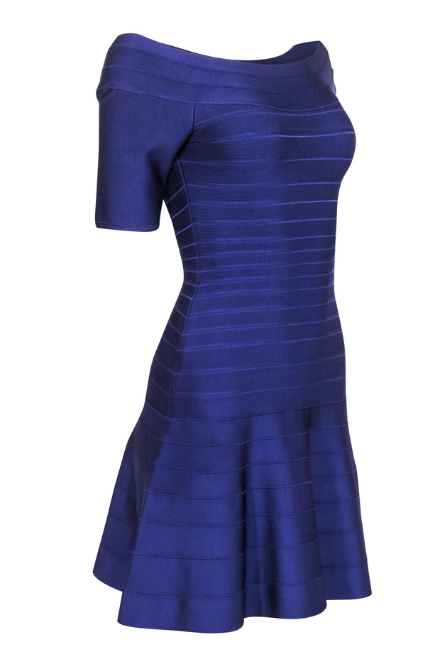 Current Boutique-Herve Leger - Purple Bandage Off The Shoulder Dress Sz M