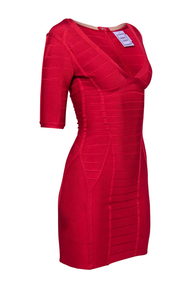 Current Boutique-Herve Leger - Red Bandage V-neckline Dress Sz XS