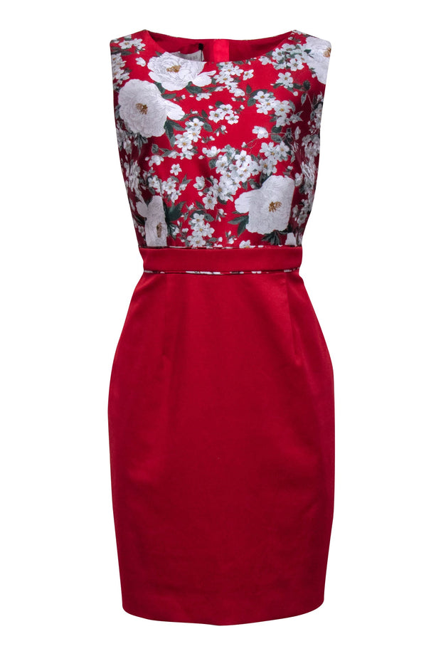 Current Boutique-Hobbs - Red Floral Jacquard Print Sleeveless Sheath Dress Sz 10