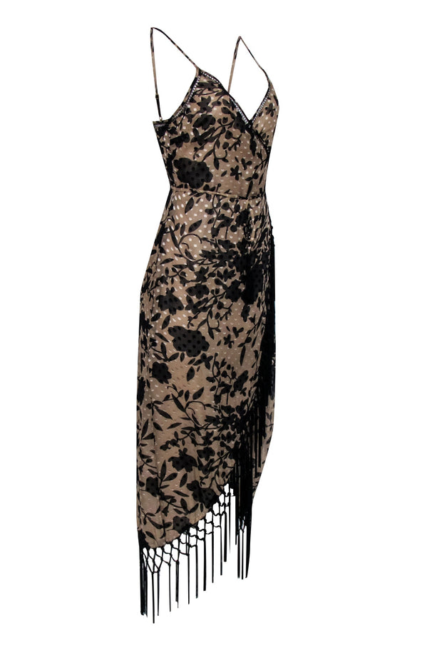 Current Boutique-House of Harlow - Beige & Black Vintage Floral Print Wrap Dress w/ Fringe Trim Sz S