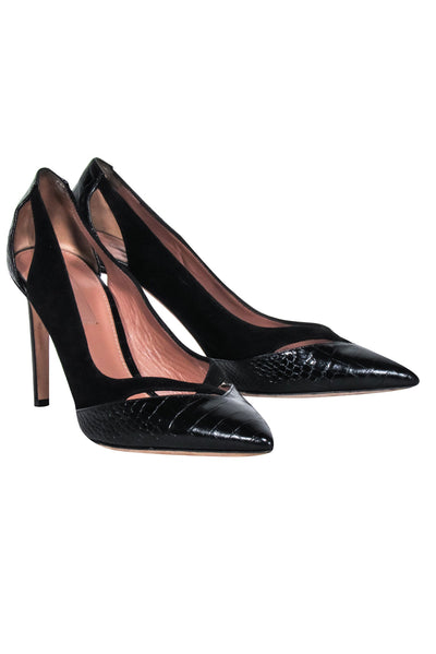 Current Boutique-Hugo Boss - Black Suede w/ Croc Textured Detail Pumps Sz 9