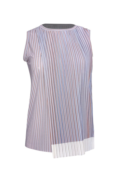 Current Boutique-Hugo Boss - Light Lilac, Blue, & Tan Striped Sleeveless Blouse w/ Plisse Overlay Sz S