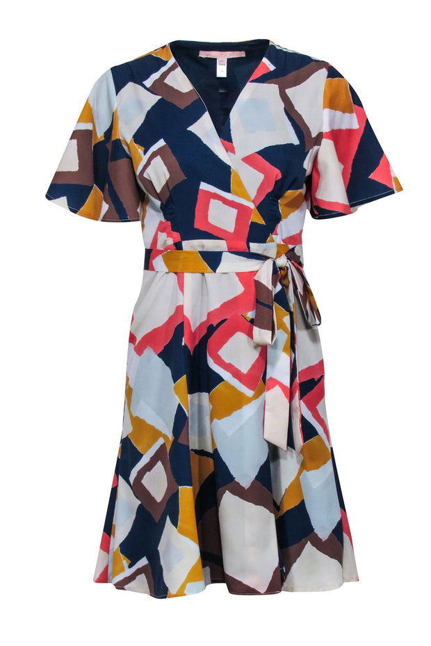 Current Boutique-Hutch - Light Blue, Navy, & Coral Sleeve Abstract Print Wrap Dress Sz MP