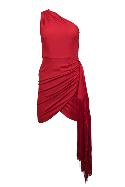 Current Boutique-Hutch - Red One Shoulder Mini Dress w/ Fringe Trim Sz XXS