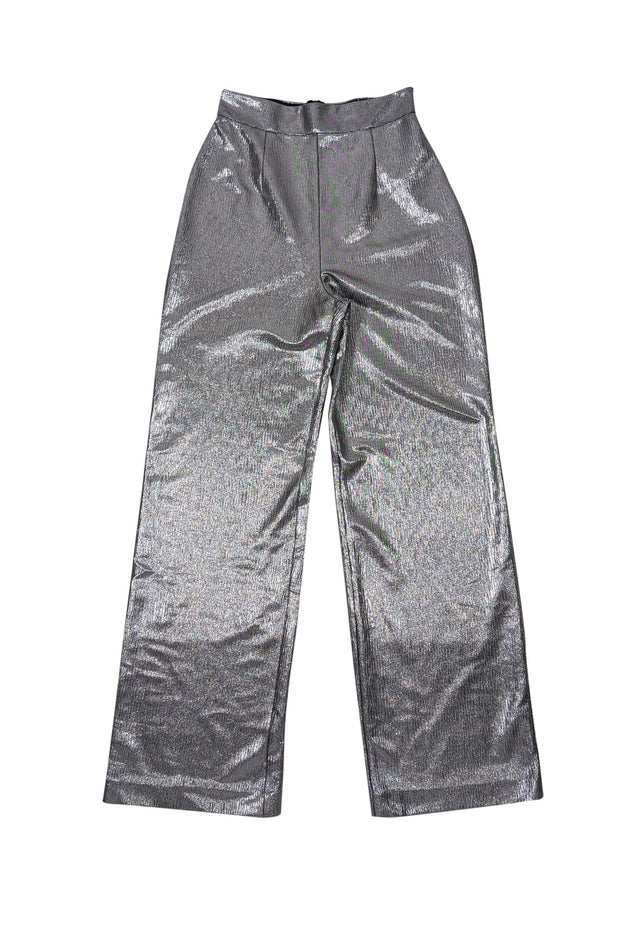 Current Boutique-Hutch - Silver Metallic Textured Wide-Leg Trousers Sz S