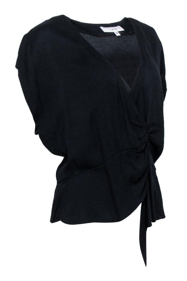 Current Boutique-IRO - Black Ruched Surplice Top w/ Asymmetrical Hem Sz 6