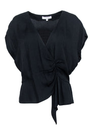 Current Boutique-IRO - Black Ruched Surplice Top w/ Asymmetrical Hem Sz 6