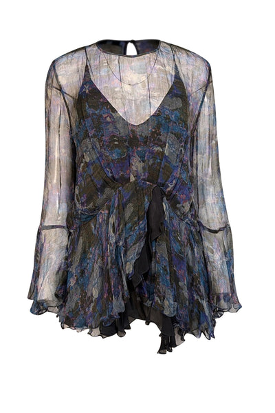 Current Boutique-IRO - Blue, Dark Green, & Pink Print Semi-Sheer Long Sleeve Blouse Sz 8