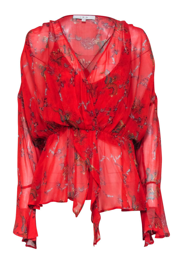 Current Boutique-IRO - Red Floral Print Semi-Sheer Bell Sleeve Top Sz 4