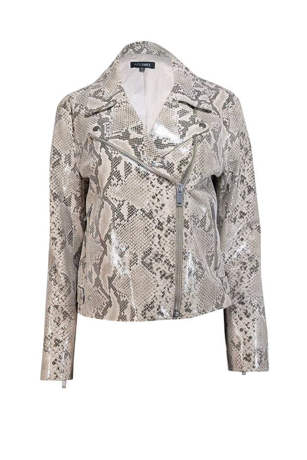 Current Boutique-Intermix - Beige & Black Leather Snake Print Embossed Moto Jacket Sz M