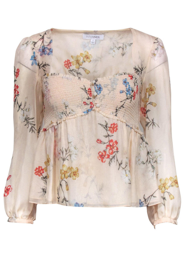 Current Boutique-Intermix - Nude w/ Multi Color Floral Print Smocked Bodice Blouse Sz 2