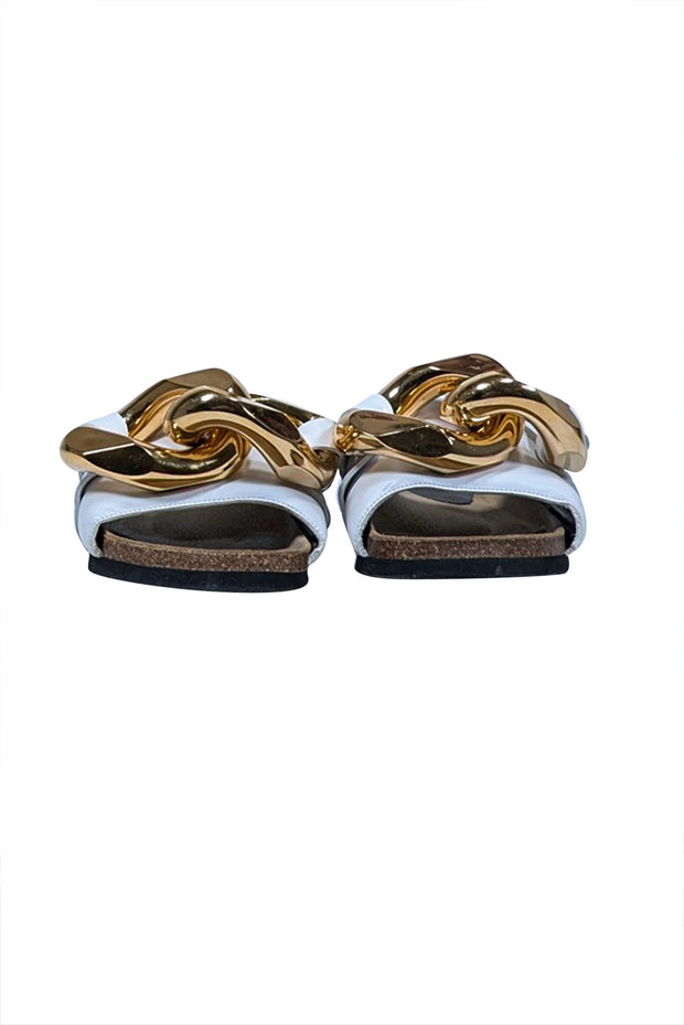 Current Boutique-JW Anderson - Ivory Leather Upper Slide Sandals w/ Large Chunky Gold Chain Trim Sz 7