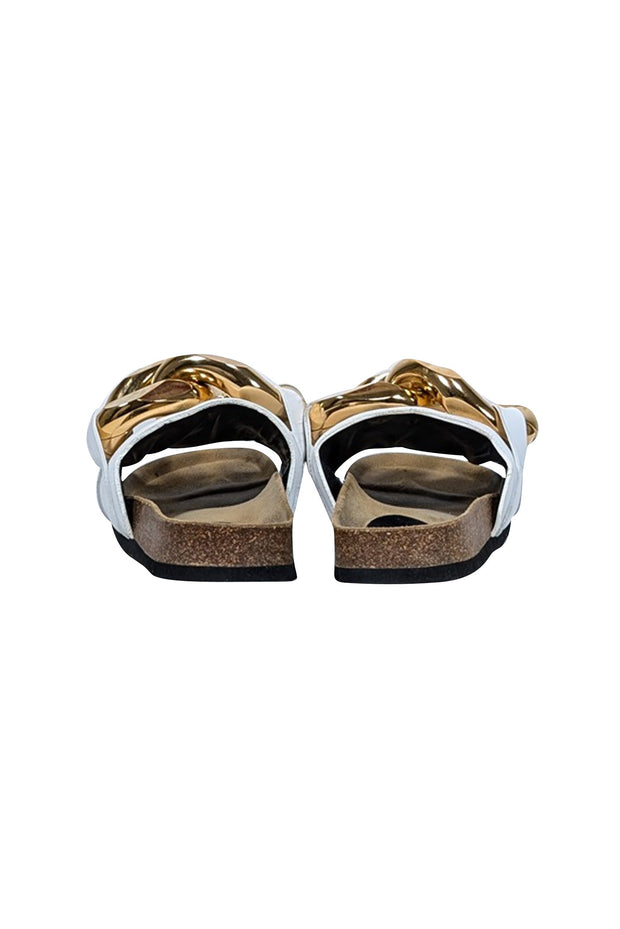 Current Boutique-JW Anderson - Ivory Leather Upper Slide Sandals w/ Large Chunky Gold Chain Trim Sz 7