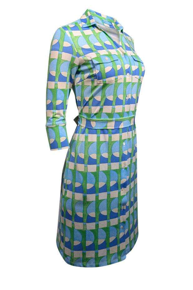 Current Boutique-J. McLaughlin - Green, Blue, & Cream Geometric Print