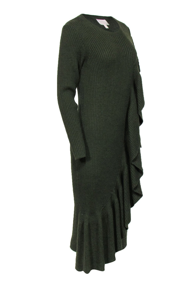 Current Boutique-J.Crew Collection - Green Ribbed Knit Long Sleeve Ruffle Dress Sz M