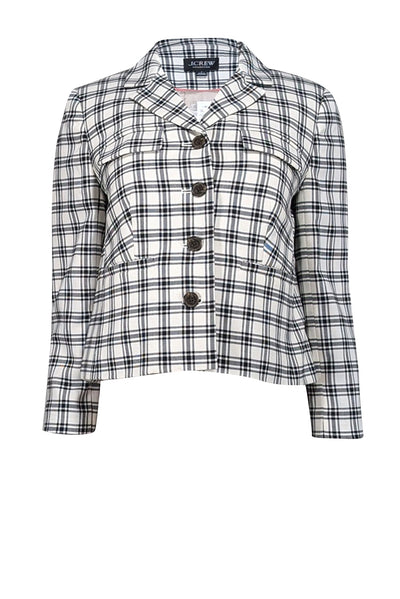 Current Boutique-J.Crew Collection - Ivory & Black Plaid Wool Blend Cropped Jacket Sz 2