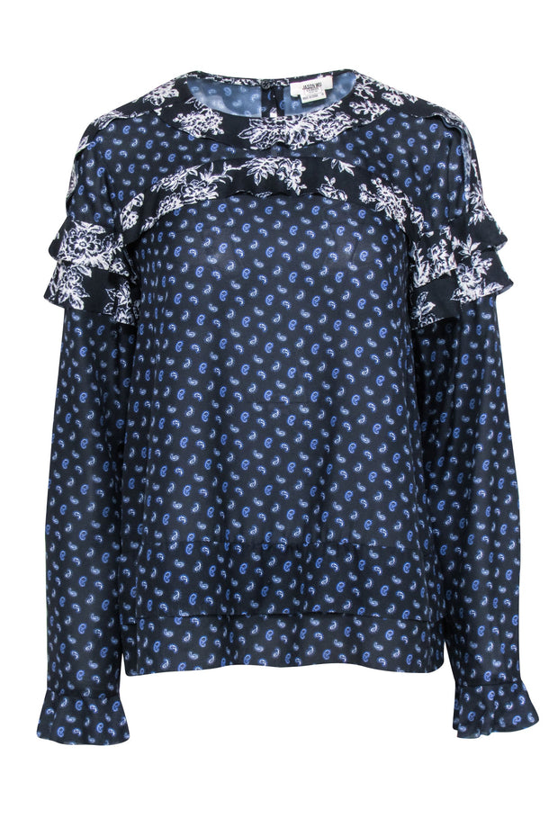 Current Boutique-Jason Wu - Navy Paisley Print Ruffled Long Sleeve Blouse Sz 10