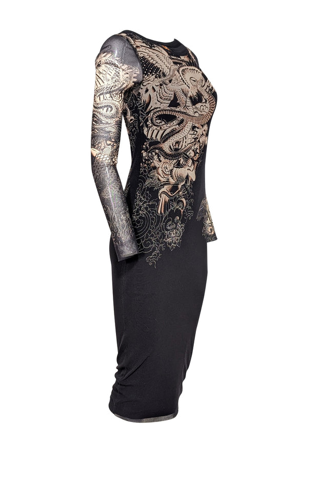 Current Boutique-Jean Paul Gaultier - Black & Beige "Tattoo" Mesh Long Sleeve Dress Sz M