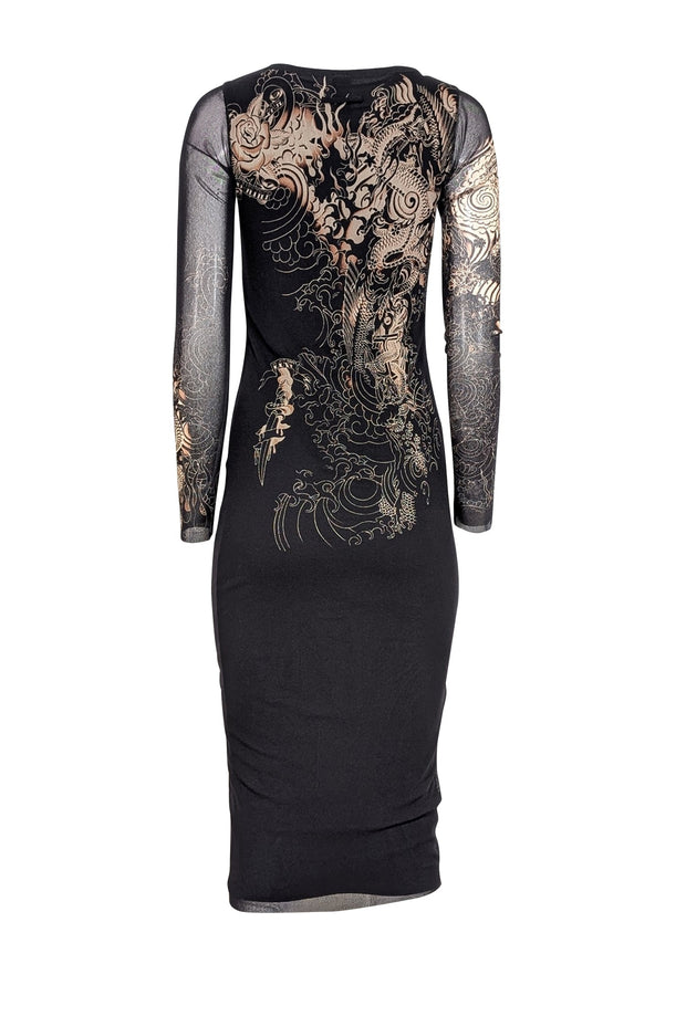 Current Boutique-Jean Paul Gaultier - Black & Beige "Tattoo" Mesh Long Sleeve Dress Sz M