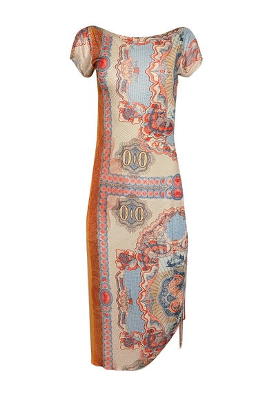 Current Boutique-Jean Paul Gaultier - Orange, Blue, & Cream Print Short Sleeve Midi Dress Sz L