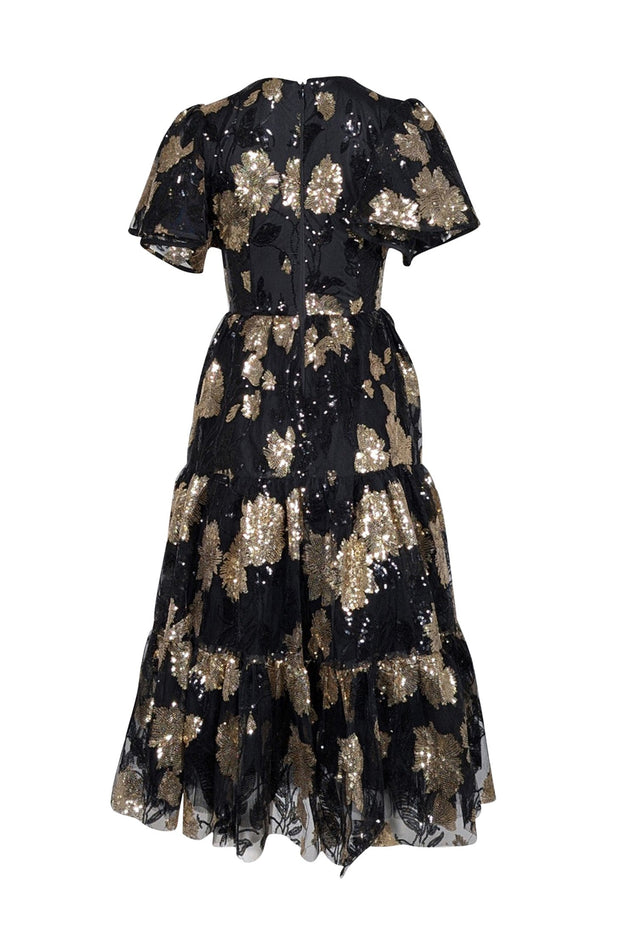 Current Boutique-Jessakae - Black & Gold Sequin Embellished Tiered Midi Dress Sz XXS