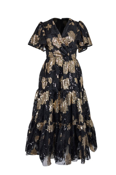 Current Boutique-Jessakae - Black & Gold Sequin Embellished Tiered Midi Dress Sz XXS