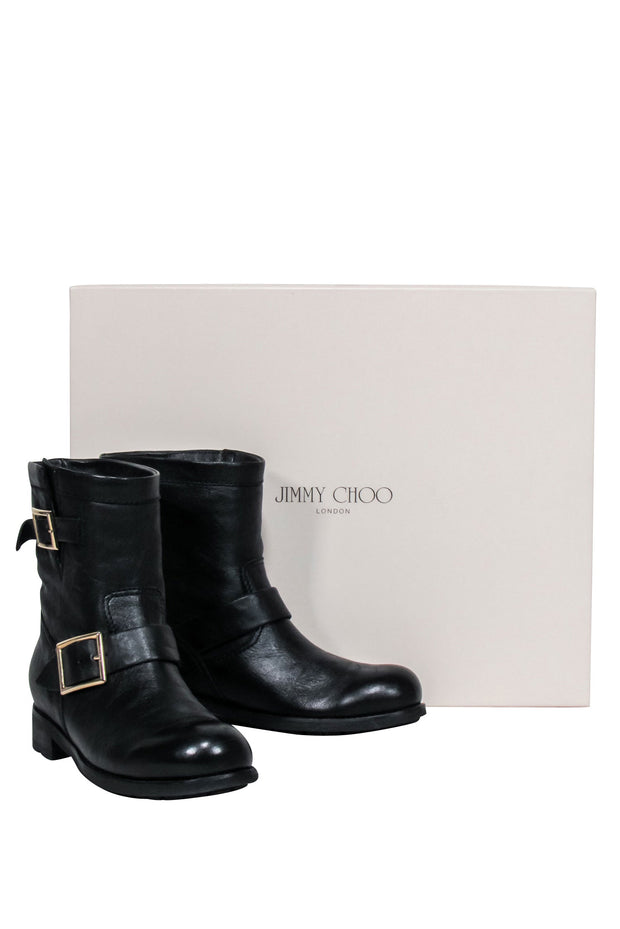 Current Boutique-Jimmy Choo - Black Leather Ankle Buckle Short Boots Sz 7.5