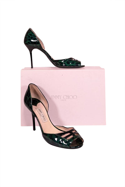 Current Boutique-Jimmy Choo - Green Leopard Patent Leather Peep Toe Heels Sz 7.5