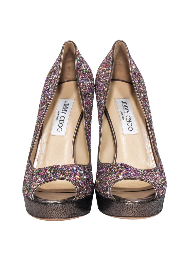 Current Boutique-Jimmy Choo - Pink & Multi Color Glitter Peep Toe Pumps Sz 8