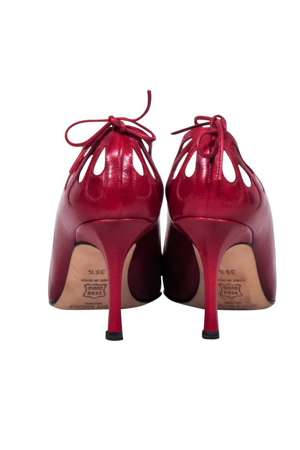 Current Boutique-Jimmy Choo - Red Leather Pointed-Toe Lasercut Accent Pumps Sz 6.5