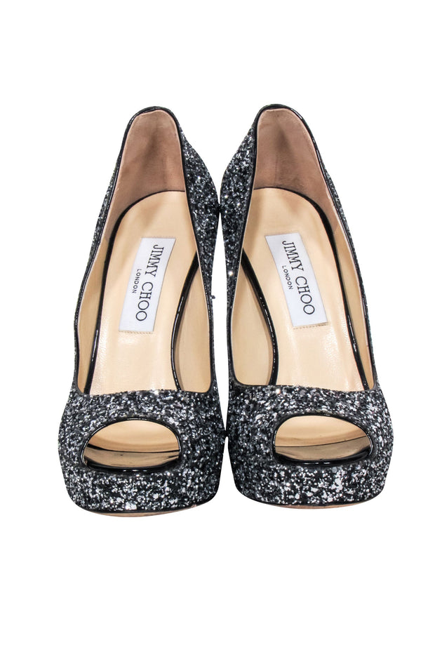 Current Boutique-Jimmy Choo - Silver & Black Glitter Open-Toe Pumps Sz 6